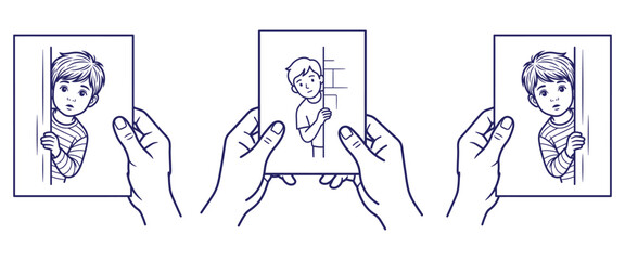 Fototapeta premium Illustration showing little boy in striped shirt peeking from behind a door, looking with wide eyes, black and white outline drawing.
