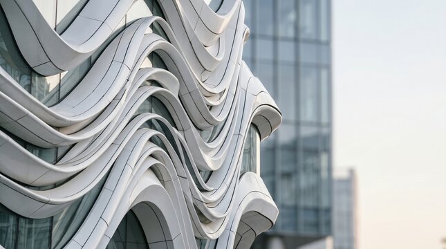 Modern architectural facade featuring glass windows of an urban office building structure set against a clear blue sky