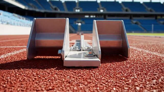Low-angle perspective of starting blocks on a red athletic track in an empty stadium under bright sunlight.