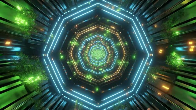 Futuristic Octagonal Sci-Fi Tunnel 4K Generative AI