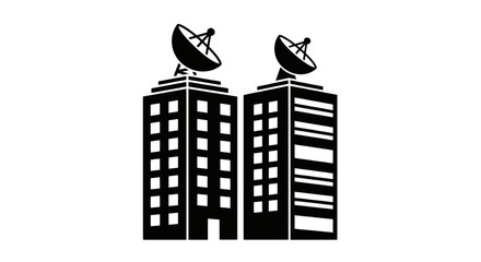 Obraz premium Vector illustration of two office buildings with satellite dishes on the roof, vector icon on a transparent background