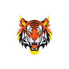 Fototapeta premium Fierce tiger head mascot with orange flames and bared teeth