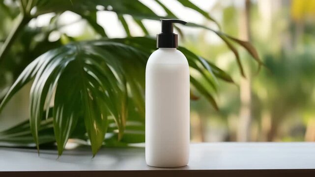 White packaging cosmetic plastic bottle with palm leaves. Mock up of blank label of shampoo, lotion, moisturizer bottle on shelf, green tropical tree in bathroom in sunlight. Spa and grooming product.