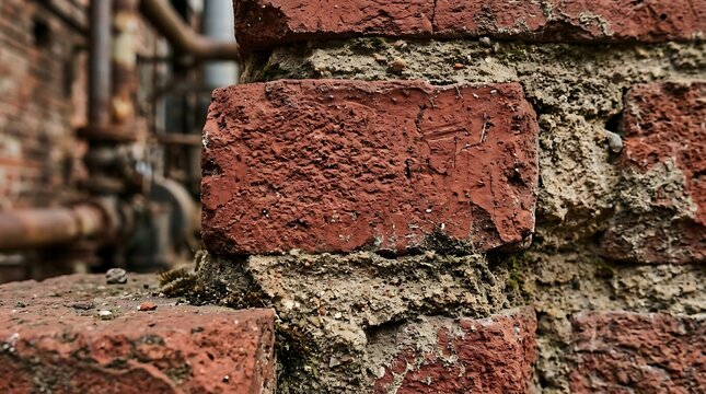 Close up of weathered red brick wall with industrial pipe detail