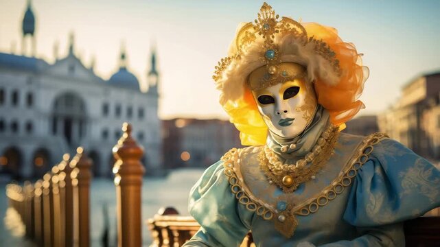 Portrait of person disguised in a beautiful old fashioned style costume with copy space. Venetian carnival costume and mask. Colorful carnival mask at a traditional festival in Venice, Italy.