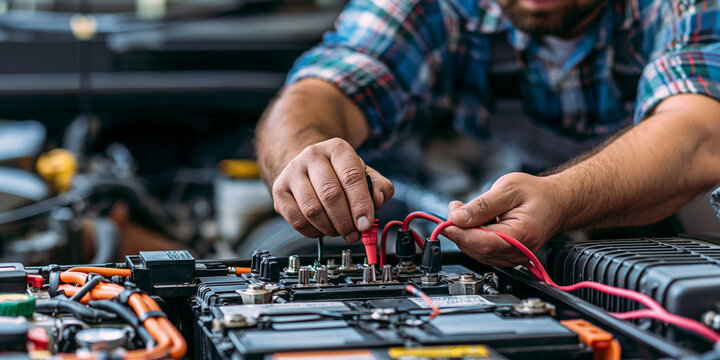 Automotive technician diagnosing electric vehicle battery