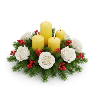 Advent wreath with four yellow candles and white rose decorations
