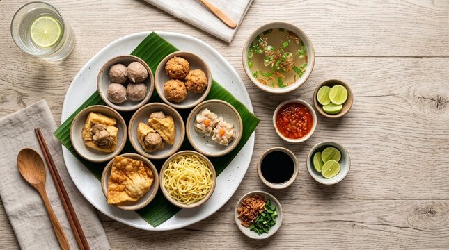 Top View Flat Lay Of Indonesian Mini Bowl Set Bakso Malang And Sambal On White Plate