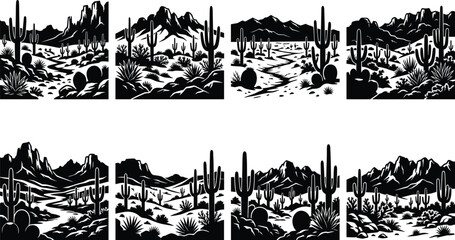 Obraz premium Desert Landscape Silhouette Collection Featuring Cactus, Mountain Ranges and Arid Scenic Views on White Background