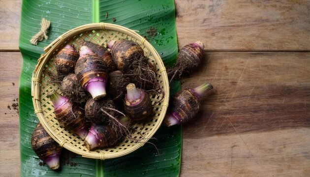 Fresh Taro Roots In Bamboo Basket On Green Banana Leaf Top View