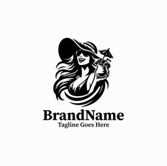 Fototapeta premium Black Image Vector Logo of Tropical Woman Enjoying Cocktail, Vintage Line Art Engraving Isolated on White Background