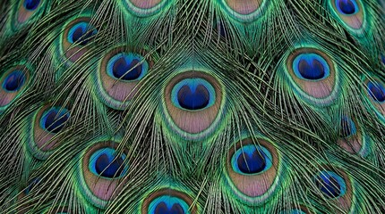 Fototapeta premium Peacock feathers close up iridescent eyespots and vibrant plumage detail