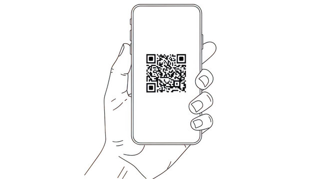 Hand holding smartphone with qr code isolated on transparent background
