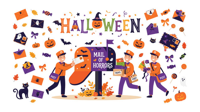 Halloween Mail Delivery: Whimsical mail carriers deliver spooky letters and packages to a festive, haunted mailbox adorned with pumpkins and bats. An array of Halloween treats, envelopes.