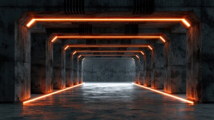 Obraz premium Industrial concrete tunnel with orange linear neon lights.