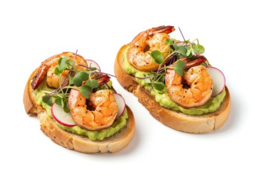 Shrimp and avocado toast toasted bread with radish and microgreens