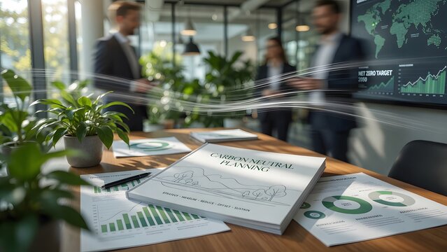 Modern office meeting with professionals reviewing documents and charts on a wooden table surrounded by indoor plants and natural light.