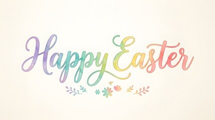 Fototapeta premium A colorful Easter celebration scene with Happy Easter text and floral decorations on a light background