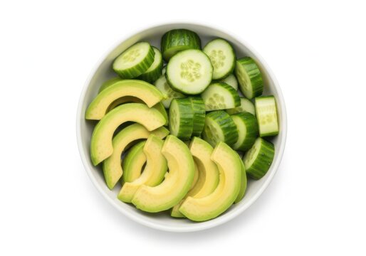 Bowl of fresh sliced avocado and cucumber with low calorie, cucumber