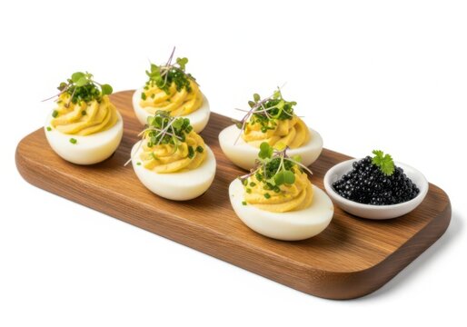 Deviled eggs topped with fresh herbs and served with black caviar