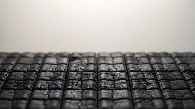 Macro photo of charred Yakisugi wood texture with black carbonized pattern and white copy space for architectural design.