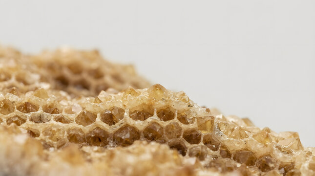 Macro photography of natural golden honeycomb calcite geode crystals featuring hexagonal drusy clusters with copy space for text