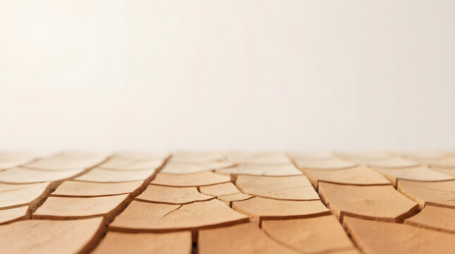 Macro shot of dried cracked mud mosaic texture in warm ochre with minimalist white copy space background