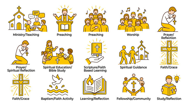 Christianity Icons: Faith, Prayer, Worship, Bible Study, Fellowship, Ministry