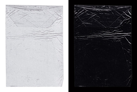 Plastic bag texture with sharp horizontal wrinkles, crumpled cellophane overlay mockup with intense glossy reflections for poster and plastic packaging design. Transparent PNG for overlay
