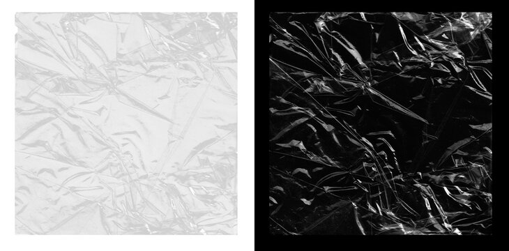 Crumpled transparent plastic wrap overlay with sharp creases and intense glossy reflections. Polyethylene cellophane packaging texture for album covers, CD, vinyl, and mockups. PNG photo scan