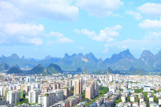 Modern Apartments with Karst Landscape in the Background, Guilin, China