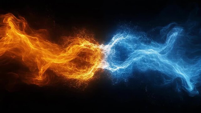 Dynamic clash of fiery orange and icy blue energy streams in motion