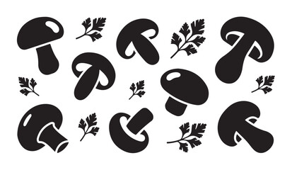 Collection of black mushroom and parsley icons, scattered on a white background. © VANU