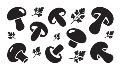 Collection of black mushroom and parsley icons, scattered on a white background. © VANU