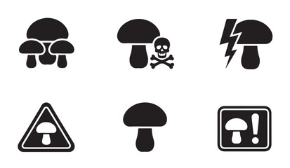 Mushroom warning and danger icons set, black fungus symbols, caution signs, vector illustration. © VANU