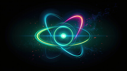 Fototapeta premium Glowing atom core neon orbit abstract science illustration futuristic particle energy glowing core atomic orbit neon ring science background digital art energy field