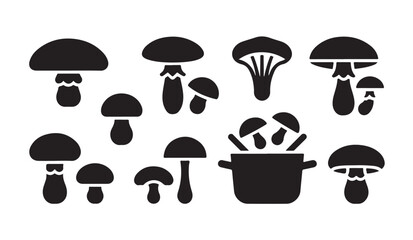 Collection of mushroom icons including cooking pot with mushrooms for graphic food designs. © VANU