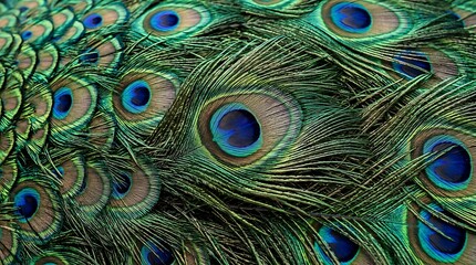 Fototapeta premium Peacock feathers close up iridescent plumage and vibrant eye spots