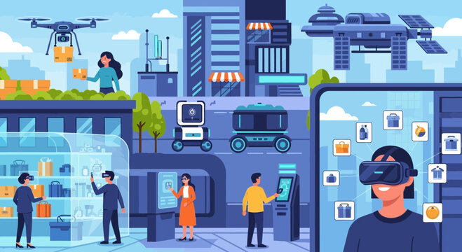Modern cityscape with futuristic technology and delivery drones
