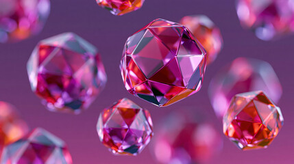 Fototapeta premium Abstract crystal sphere pink glass floating object purple background copy space 3d render faceted surface glossy material geometric shape digital art