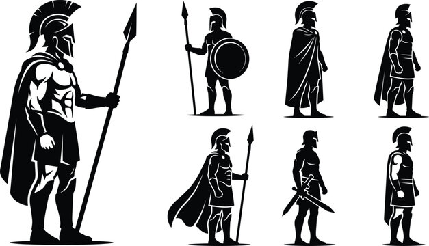 Set of black silhouette illustrations featuring ancient Greek Spartan warriors with helmets and weapons