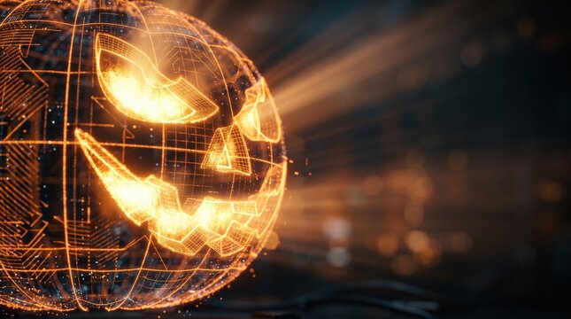 Digital jack-o-lantern glowing with futuristic orange light and grid patterns