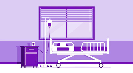 Fototapeta premium Hospital Room Interior Illustration With Medical Bed, Drip, and Nightstand, Purple Tones
