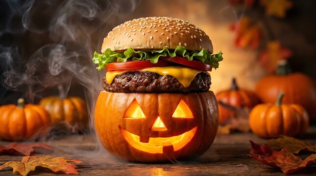 Halloween burger gourmet cheeseburger served inside a carved pumpkin