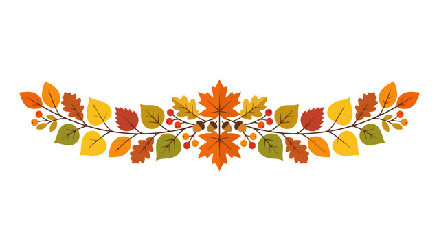 Decorative autumnal foliage border showcasing vibrant maple oak and birch leaves with small berries in a curved arrangement signifying seasonal change and natural beauty for festive invitations