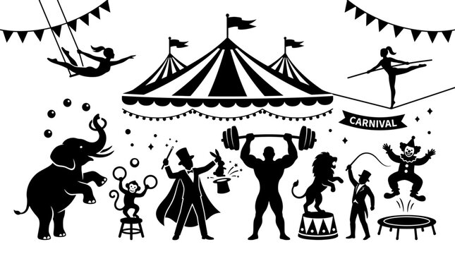 Vintage Carnival Circus Performance Silhouette Collection with Tent and Artists