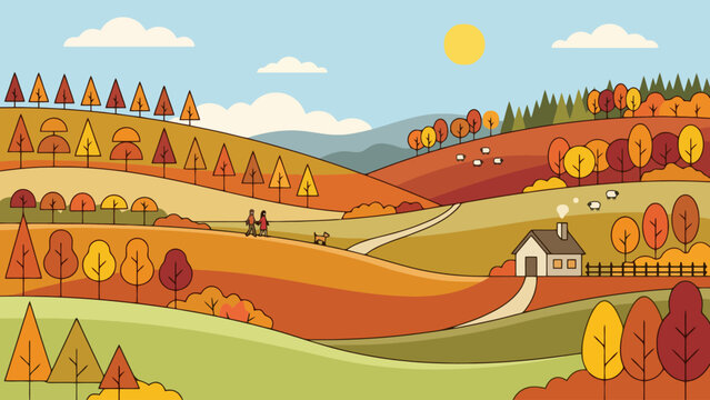 Vibrant autumn landscape featuring rolling hills colorful foliage of trees a quaint dwelling with smoke from chimney and a path winding through the countryside under a sunny sky evoking rural