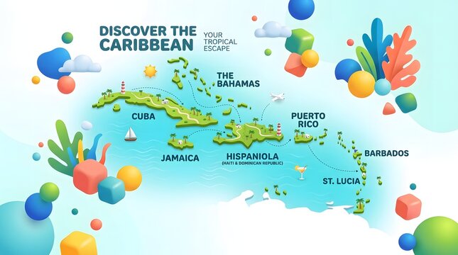Colorful Caribbean travel map highlighting major islands and destinations, designed for tourism campaigns, vacation planning, travel guides, and regional promotional content.