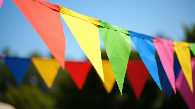 Colorful triangular bunting flags strung together against a blue sky, festive and cheerful