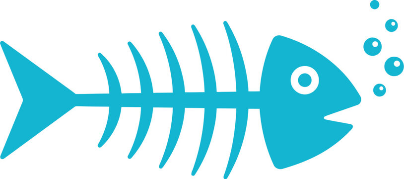 Bright blue fish skeleton icon featuring flat graphic style 